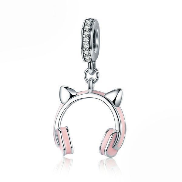 925 Sterling Silver Cat Ear Słuchawka Wisząca Zawieszka
